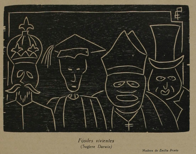 “Fósiles vivientes” (Sugiere Darwin), grabado en madera de Emilia Prieto. La obra venía acompañando este artículo, en la edición del Repertorio Americano del 19 de febrero de 1938. Una crítica de Prieto a los personajes de la sociedad que no evolucionan, que se quedan con ideas obsoletas del pasado. La teoría de los “Fósiles vivientes” de Charles Darwin (1809-1882), ha sido probada verdadera hace un par de años por investigadores de la Universidad de Bristol, que midieron los huesos de la mandíbula de todos los parientes fósiles del tuatara, que es un reptil endémico de las islas aledañas a Nueva Zelanda, pertenecientes a la familia Sphenodontidae. De acuerdo a una nota de prensa de Telemadrid, Darwin acunó este concepto en 1859, “pensando en especies vivas que se parecen a sus antepasados de hace millones de años, que ocuparon pequeñas partes del mundo, escaparon a la competencia y no cambiaron”.